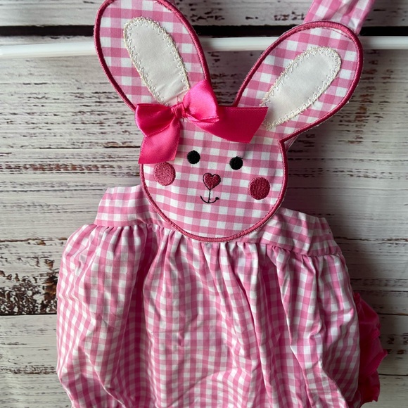 Korie’s Kloset // Pink Gingham Easter Bunny Romper with Tie Back and Ruffle Butt - Picture 2 of 4